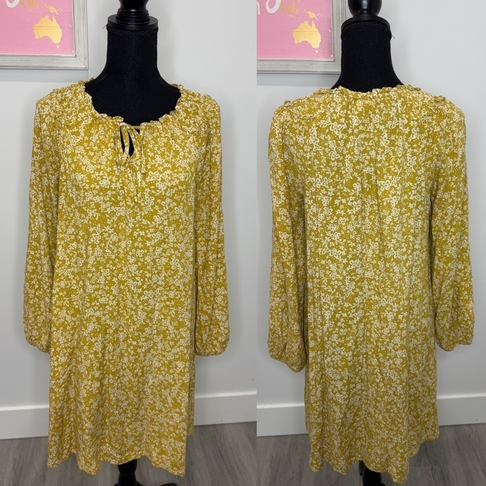 Naïf Mustard Yellow Floral Long Sleeve Flowy Midi Dress (M)